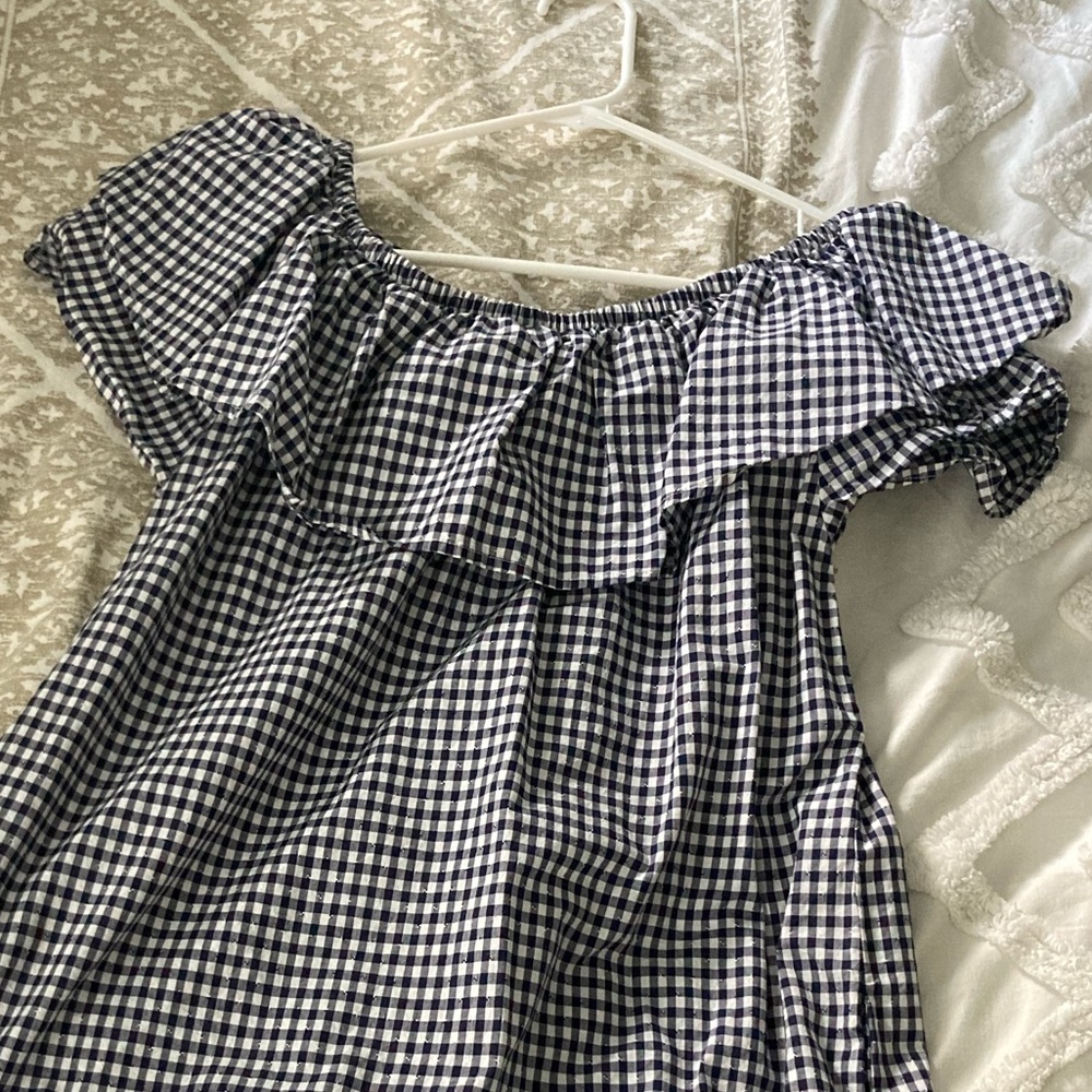 Navy blue and white Gingham ruffle off the shoulder dress lightly used
